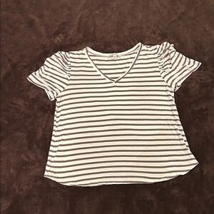 Green Envelope Gray and White Striped V-Neck Top